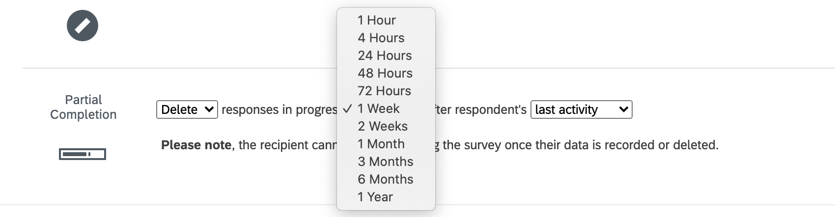 In the survey options, last section, named "partial completion settings." It says to delete responses in progress, then gives a huge list of timeframes, then says “after respondent’s last activity.”