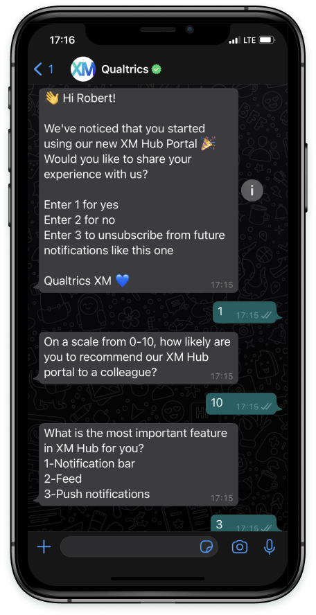 A WhatsApp conversation on an iphone. In the introductory message that asks for the respondent's consent, there's a blue heart emoji
