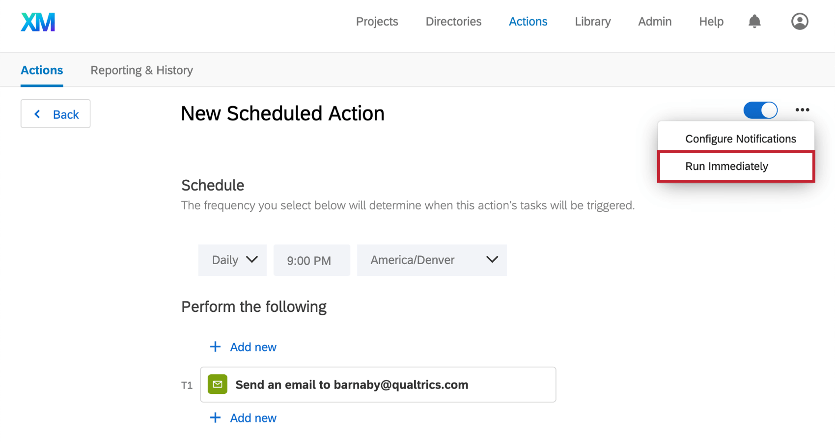 Have a scheduled aciton opened in the global actions page, and from a dropdown, there's an option to "run immediately"