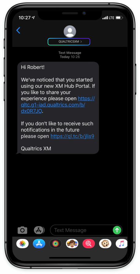 A message sent from "Qualtrics XM," rather than a phone number